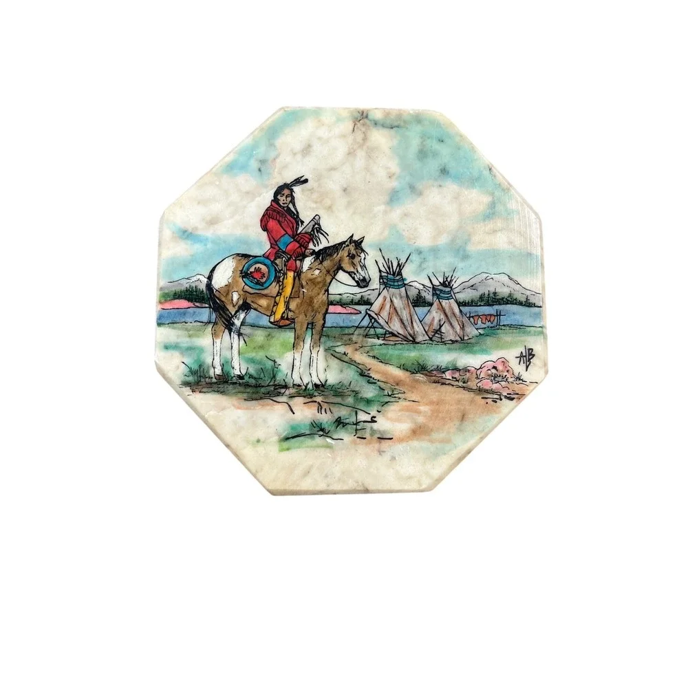 Cimarron Alabaster Native American Horseback Scene Octagon Coaster Signed AB